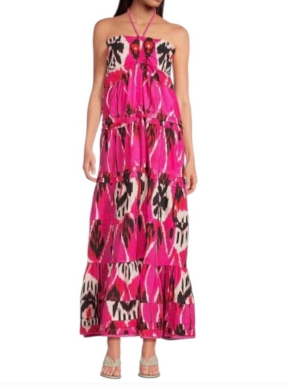Ro's Garden NWT Denise pink Ikat tie halter gathered maxi dress size XL K17